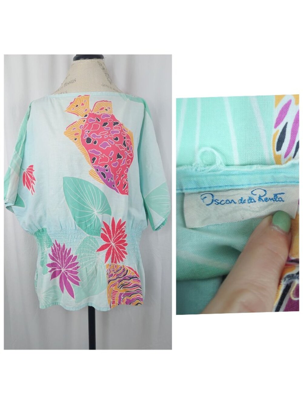 Vintage Oscar de la Renta Top Large Blouse Aqua Tropical
